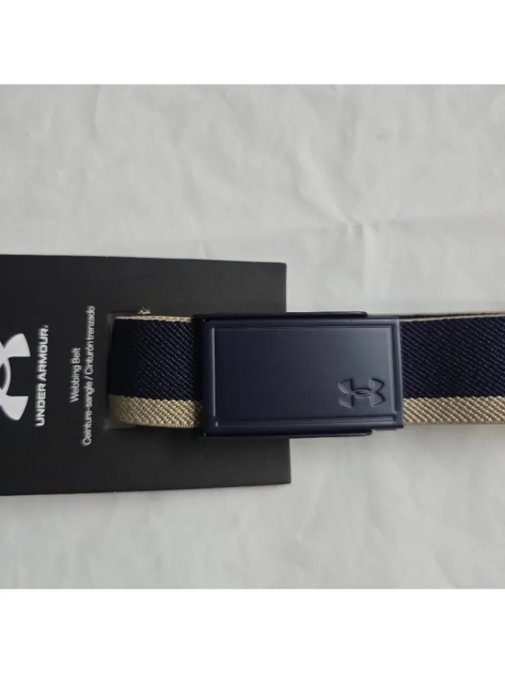 Under Armour Golf Webbing Belt Men One Size Fits Most Logo Buckle Blue Tan NEW